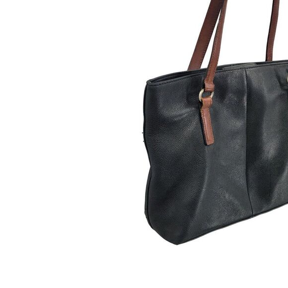 Fossil Black Genuine Leather Tote Bag Pebble Brown Embroidery Western City Med - Picture 8 of 12